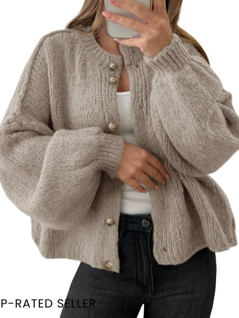 Oversized Chunky Knit Cardigan Lantern Sleeve Button Up Soft Fall Sweater